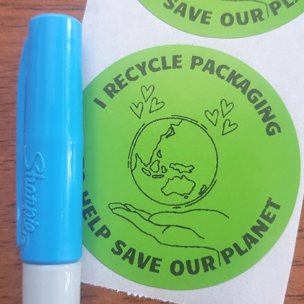 3/$15 50 RECYCLE PACKAGING STICKERS LARGE ROUND TWO INCH BLUE GREEN WHITE